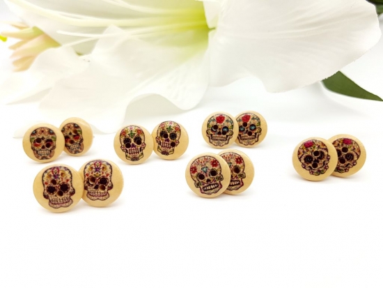 Skull Knopf Ohrstecker Holz Button